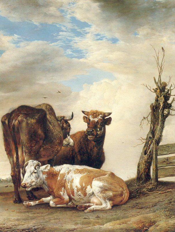 POTTER, Paulus Two Cows a Young Bull beside a Fence in a Meadow Norge oil painting art